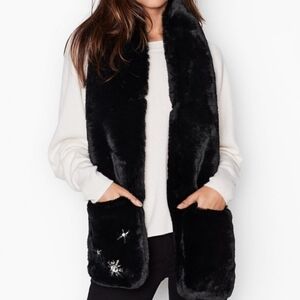 Victoria's Secret Black Faux Fur Scarf-Wrap Rhinestones Glam Retro Detail OS